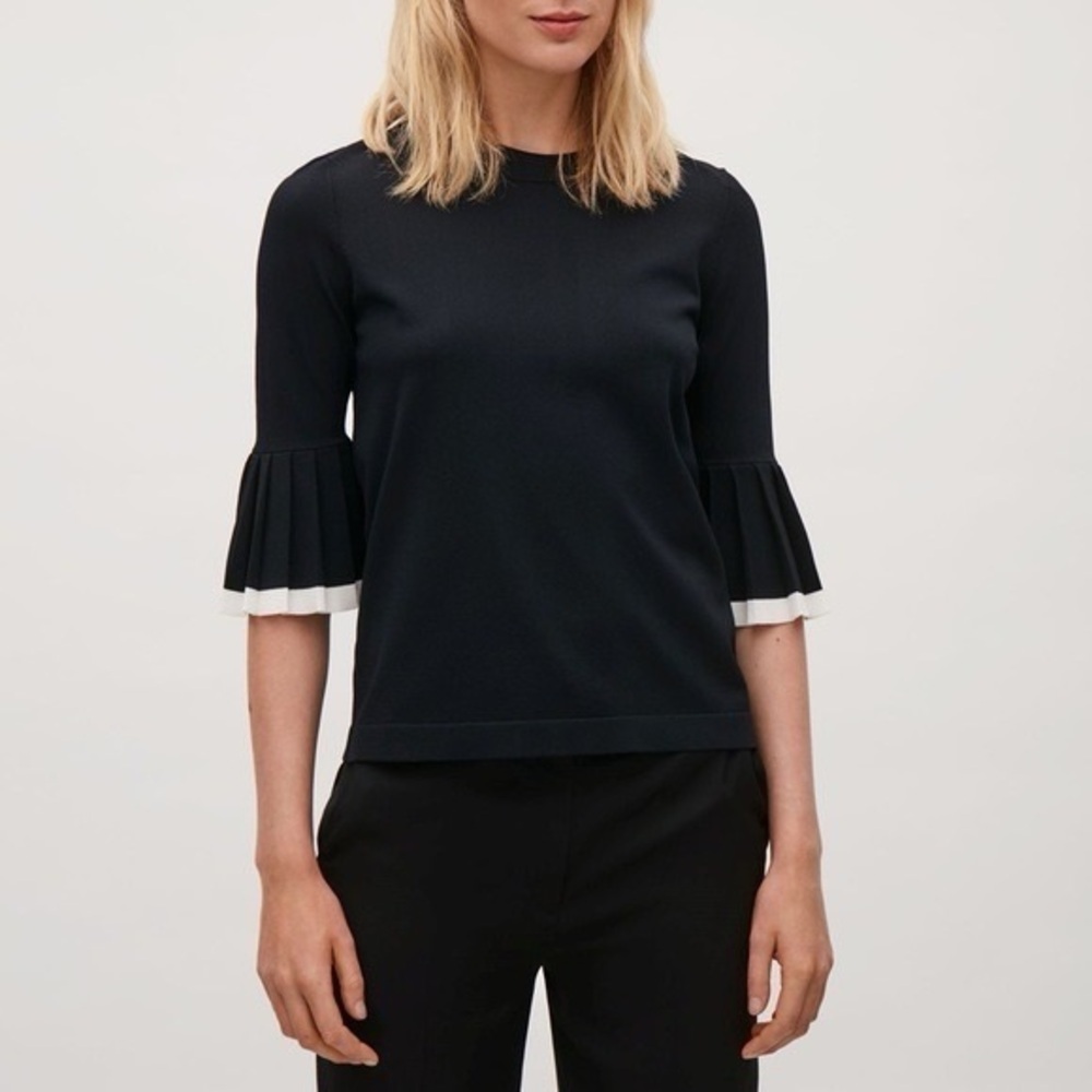 COS Pleated Sleeve Jumper in Black with Off-white Trim - Size XS